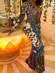 DOUCIU Sexy Sheer Long Sleeve V-Neck Dress, Party & Nightclub Wear - Blue - View 3