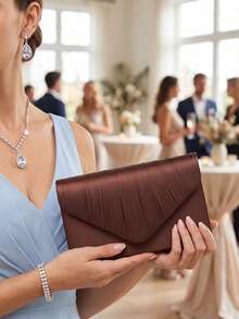 1pc Evening Clutch Bag, High-End Satin Fabric Envelope Style, With Flap Design, Suitable For Holidays, Vacation Season, Summer, Beach, Business Commute And Other Occasions, Multi-Functional Crossbody Bag, Casual Minimalist, Beach, Party, Vacation Essential - Coffee Brown - View 11