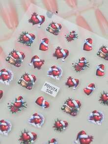 1pc Christmas Colorful Ball Red Heart Nail Stickers, Red Flower Pine Branch Snowflake Nail Decals, Self-Adhesive Glitter Nail Art, Asymmetrical Shape, Sweet Style, Suitable For Theme Party - Multicolor - View 4