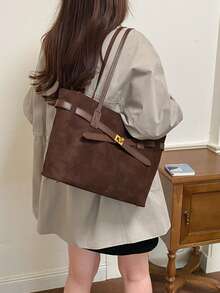 1pc Women's Solid Color PU Middle Compartment Shoulder Tote Bag, Large Capacity, Suitable For Outings, Shopping, Dating, Gift - Coffee Brown - View 6