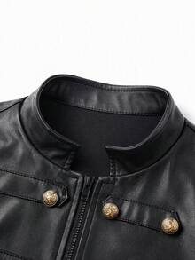 Tween Girl Fashionable Napoleon Style Cropped Leather Jacket With Metal Double-Breasted Decorative Buttons, New Arrival, All-Season Versatile For Daily Wear , Back To School Essential - Black - View 6