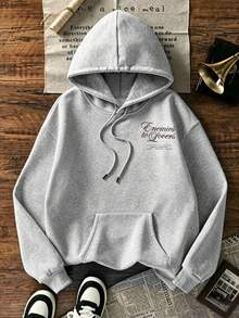 Women's Loose Grey Sweatshirt With Drawstring, Long Sleeve Knit Sweatshirt, Autumn Street Style - Grey - View 3