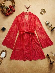 PinupPomp 3pcs Floral Lace Underwire Lingerie Set Women's Elegant Lace Trim Camisole Nightgown & Robe Lingerie Set - Red - View 4