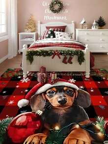 Red & Black Plaid Christmas Cute Dachshund Print Doormat, Rectangular Plush Non-Slip Absorbent Dirt-Resistant Entryway Mat, Christmas Winter Holiday Decor Foot Mat - Multicolor - View 4