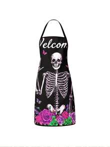 1pc/2pcs/4pcs Halloween Welcome Theme Printed Apron, Black Cat Witch Hat Skull Crow Pumpkin Pattern Bib Apron, Waterproof Oilproof Easy To Clean Apron, Adjustable Neck Strap Apron For Home Baking & Halloween Decor - Multicolor - View 8