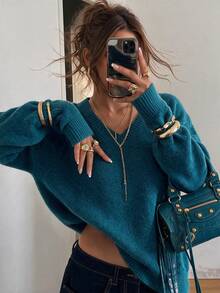 Aflion Women Fall V Neck Soft Knit Sweater, Drop Shoulder Lantern Long Sleeve Cropped Loose Pullover, Casual Daily Outfit - Dusty Blue - View 1