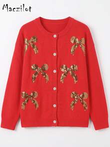 Plus Size Women's Autumn/Winter Button Front Sequin Bow Long Sleeve Knit Cardigan, Casual Commute Date Party Jacket - Orange - View 7
