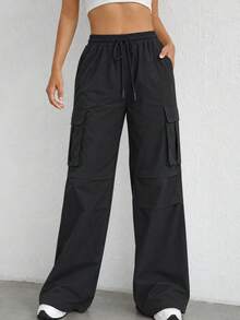 Women's Black Drawstring Waist Wide Leg Cargo Pants With Large Flap Pockets Casual Relaxed Fit Trousers For Daily Wear - Black - View 11