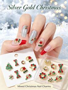 30pcs/Box Assorted Christmas Alloy Nail Art Decorations, 3D Christmas Tree, Christmas Stocking, Christmas Wreath Colorful Nail Gems, Red & Green Enamel 3D Decor, Simple Versatile DIY Nail Stickers - Multicolor - View 3