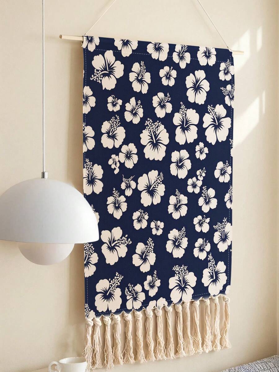 1PC Tapestry, Wall Hanging, Long Linen Vintage Tassel Tapestry, Vertical Wall Decor, Flower Print Design; Versatile For Living Room, Bedroom, Office, Party And More - Multicolor - View 1