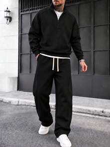 2pcs Men's Casual Sweatshirt Set, Fashionable Unique Solid Color Design, Half Zip, Slanted Pockets And Drawstring Detail, Perfect For Daily Casual Wear, Stylish Minimalist Outings, Commuting And Street Style, Suitable For Spring Autumn Winter Seasons, Can Be Used As Halloween Christmas Gift For Men - Black - View 1