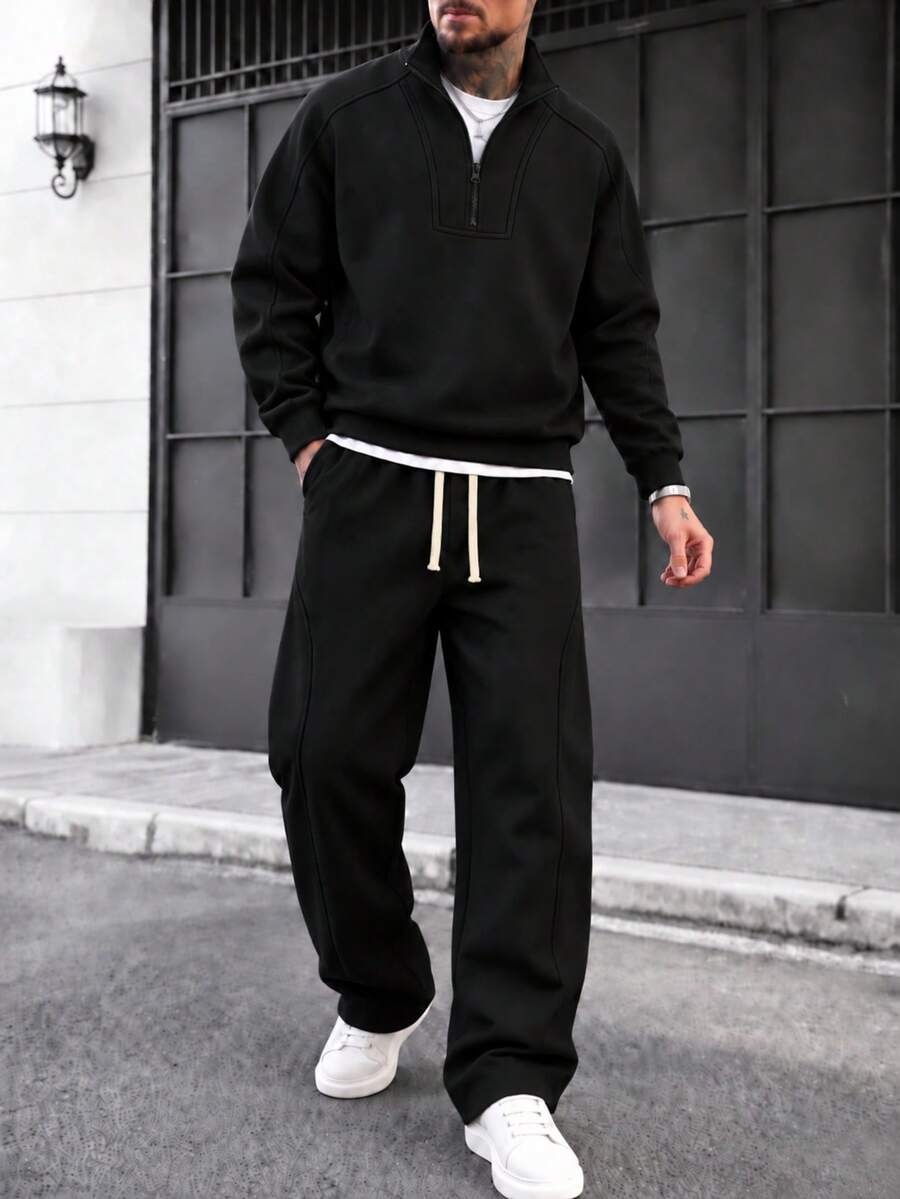 2pcs Men's Casual Sweatshirt Set, Fashionable Unique Solid Color Design, Half Zip, Slanted Pockets And Drawstring Detail, Perfect For Daily Casual Wear, Stylish Minimalist Outings, Commuting And Street Style, Suitable For Spring Autumn Winter Seasons, Can Be Used As Halloween Christmas Gift For Men - Black - View 1