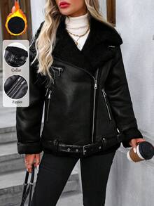 Women's Winter Jacket, Warm Thick Lining Faux Leather Jacket - Black - View 1