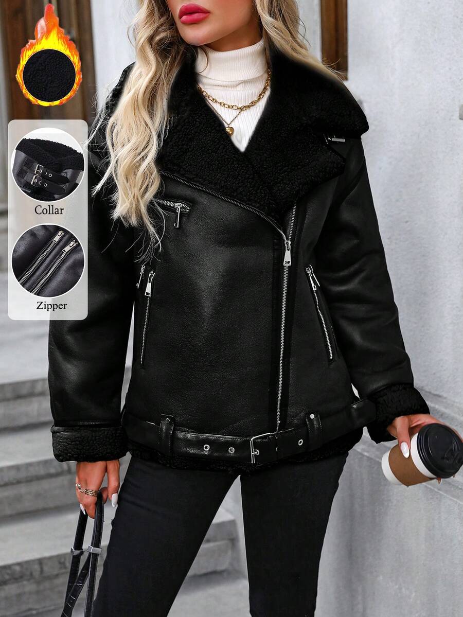 Women's Winter Jacket, Warm Thick Lining Faux Leather Jacket - Black - View 1