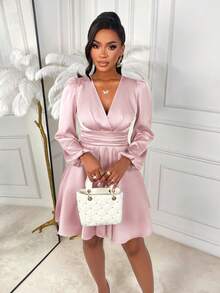 Pink Satin Elegant Fitted Mini Dress, Long Sleeve Deep V-Neck, Ruched Bust Design, Flared Hem, Suitable For Formal Occasions And Parties - Pink - View 7