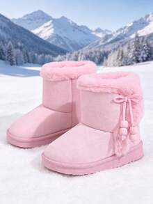 1 Pair Short Warm Snow Boots, Faux Suede + Side Bow Pendant Material, Round Toe Soft Sole Hook And Loop Design, Retro Cute Mid-Calf Outdoor Boots, Suitable For Daily Campus Skiing, Autumn/Winter New Style - Pink - View 4