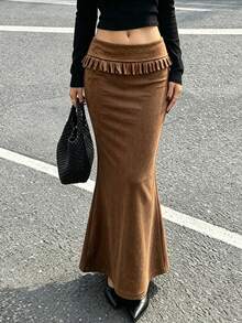 Women's Elegant Brown Polyester Tassel Long Mermaid Skirt, Autumn Casual Wear First Choice - Dark Brown - View 4