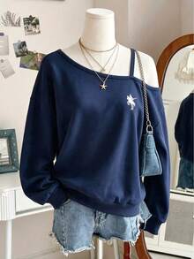 Girls' American Vintage Asymmetrical Shoulder Long Sleeve Sweatshirt, Navy Blue Horse Embroidery Loose Drop Shoulder Pullover Top, Spring/Autumn - Blue - View 2