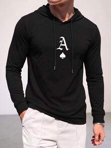 Men's Black Hooded Long Sleeve T-Shirt, Spring/Autumn, Chest Ace Of Spades Letter Print, Drawstring Hood Casual Top - Black - View 5