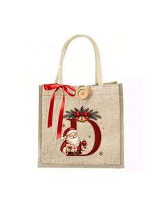 Initial And Name Christmas Canvas Gift Bag, 26 Initials, Custom Large Santa Claus Patterned Cloth Bag, Featuring A Red Bow Ribbon, Personalized Christmas Decoration Gift Party Favor - Multicolor - View 25