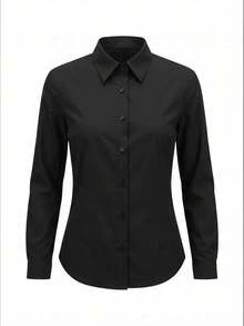 Plus Size Women's Elegant Solid Color Long Sleeve Blouse, All-Season Casual Versatile Top, White - Black - View 4