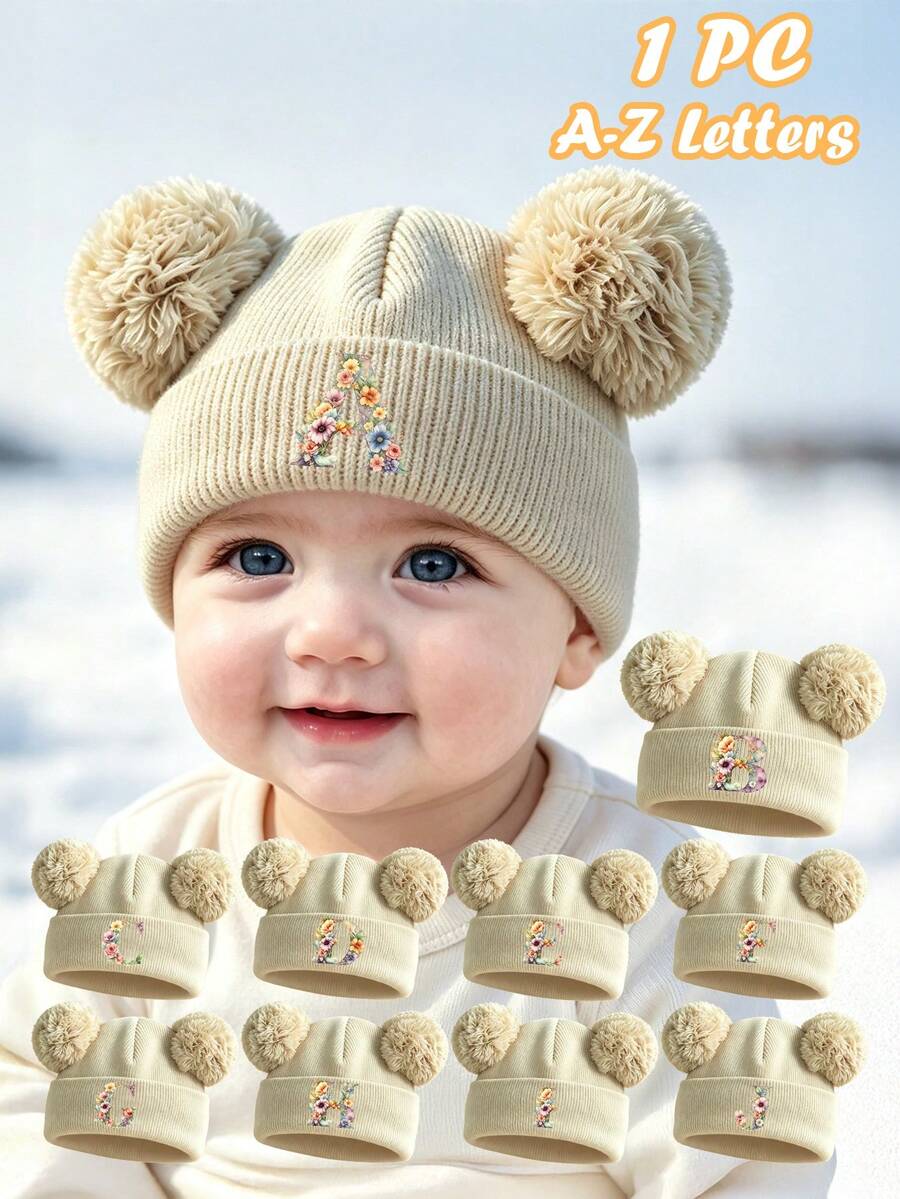 1pc Baby Knitted Hat, Unisex, Beige With Double Pom Pom Decor, A-Z ...