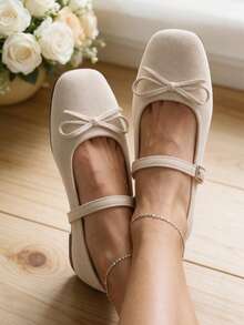 Women's Soft Sweet Bow Square Toe Low Vamp Strap Flat Ballet Shoes - Beige - View 3