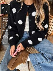 Women's Polka Dot Coat Buttons Lantern Sleeves Winter Wool Cardigan Fall Clothes For Women Fall Tops Sweater Daily Commute Halloween Costume Women - Black - View 1