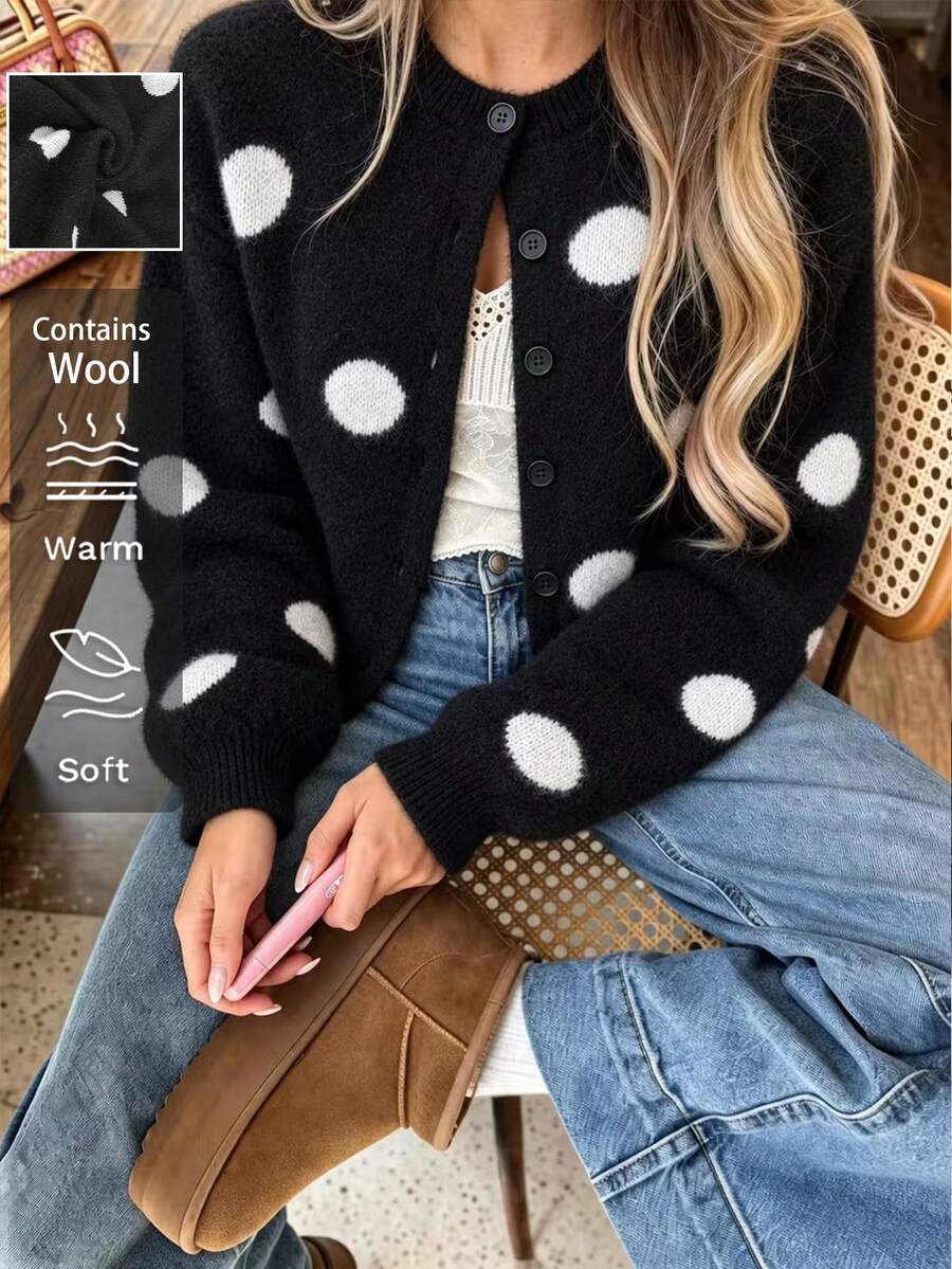 Women's Polka Dot Coat Buttons Lantern Sleeves Winter Wool Cardigan Fall Clothes For Women Fall Tops Sweater Daily Commute Halloween Costume Women - Black - View 1