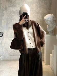 Autumn/Winter Color Block 2 In 1 V-Neck Casual Cardigan Knit Sweater - Coffee Brown - View 3
