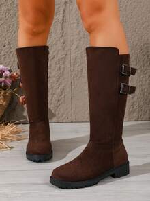 Women's Round Toe Elastic High Shaft Slim Fit Boots, V-Cut Flat High Shaft Boots, Versatile For Autumn/Winter, Suitable For Daily Commute - Coffee Brown - View 4