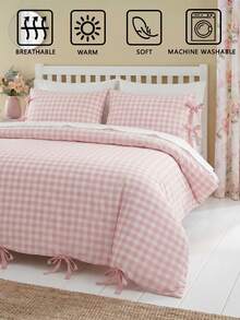 2/3pcs Fresh Pink Plaid Digital Print With BottomTie Design Cover Set(1 Duvet Cover + 1/2 Pillowcase, Without Filling Material), Versatile And Fun Style, Daily Rustic Fresh Polyester, Soft And Skin-Friendly, Suitable For Master Bedroom, Guest Bedroom - Multicolor - View 6