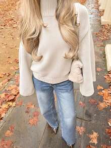 Women's Autumn/Winter Vintage Loose High Neck Bell Sleeve Knit Sweater - White - View 2