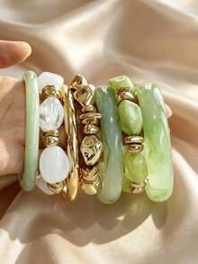 Green Floral Resin Bracelet With Gold Asymmetrical Metal Beads And White Shell Beads Bracelet Set, Niche Luxury Layered Bangle For Women Vacation Outfit Accessory - Multicolor - View 2