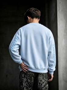 Krometka Men's Light Blue Distressed Crew Neck Sweatshirt, American Cartoon Character Graffiti Print Gothic Font Drop Shoulder Loose Fit Long Sleeve Top - Blue - View 5