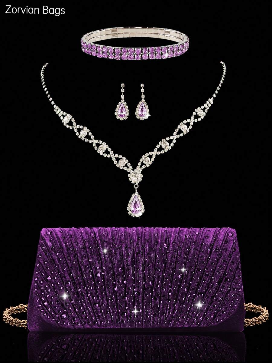 REMANLAND 4pcs Rhinestone Jewelry Set, Rhinestone Pendant Necklace, Earrings, Bracelet, Paired With Sparkling Rhinestone Pleated Clutch Evening Bag, Elegant Women's Shoulder Party Bag, Suitable For Wedding, Party, Ball, Evening Event - Purple - View 1