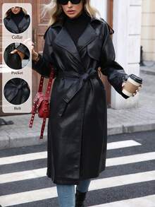 Women Long Faux Leather Jackets Trench Coat Blazer Lapel Open Front With Belt - Dark Black - View 2