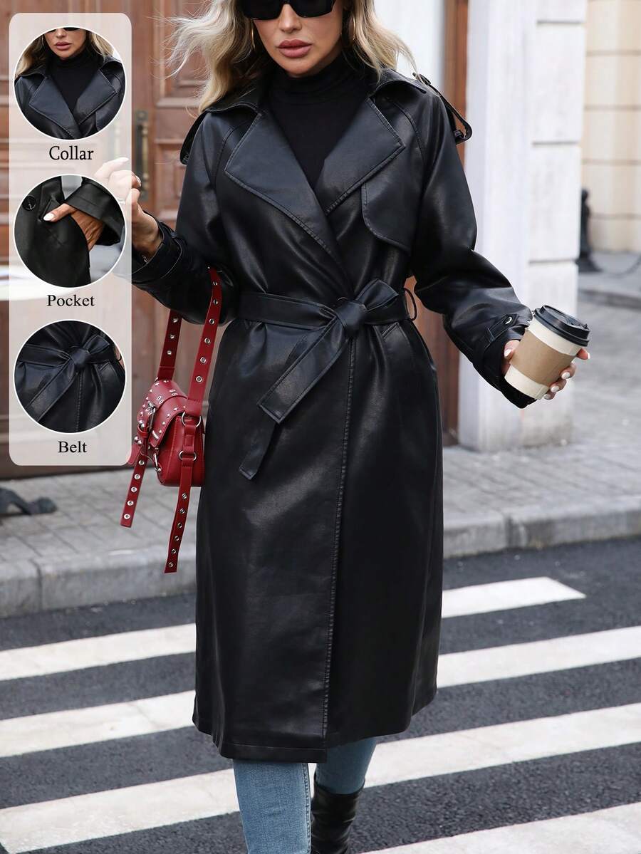Women Long Faux Leather Jackets Trench Coat Blazer Lapel Open Front With Belt