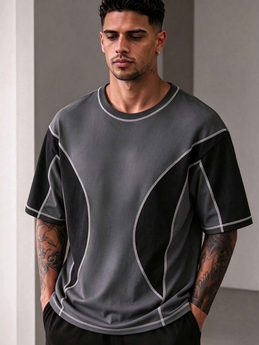 ZYNTH BALENO Men's Summer Fashion Colorblock Patchwork Loose Fit Short Sleeve T-Shirt, Essential For Summer Sports