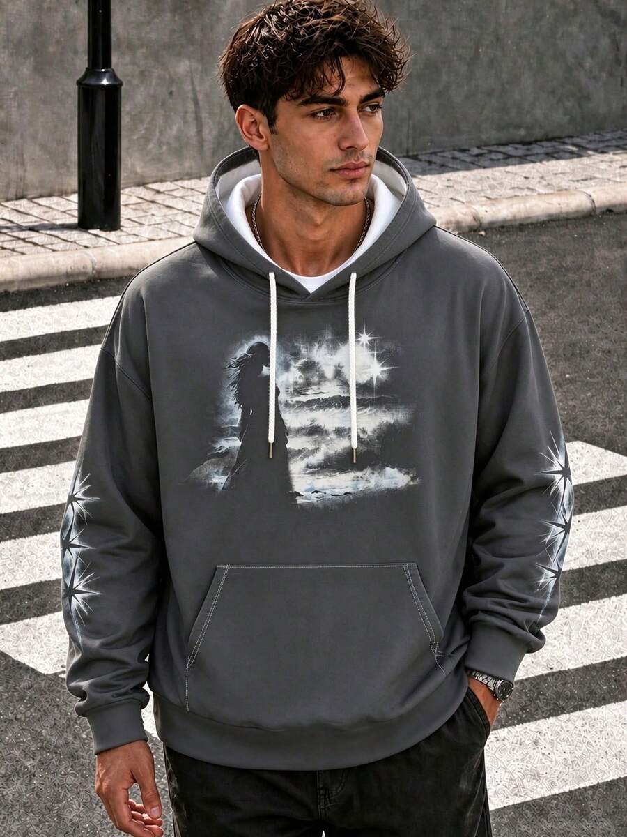 Zrgoth Men's Vintage Portrait & Star Print Sweatshirt, Loose Fit Streetwear Hoodie Long Sleeve Drawstring Hooded Top - Dark Grey - View 1