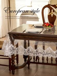 1pc Transparent PVC Lace Embroidered Trim Tablecloth, Table Mat, Stain-Resistant, Anti-Dirt, Dining Table Side Cabinet Decorative Tablecloth - White - View 7