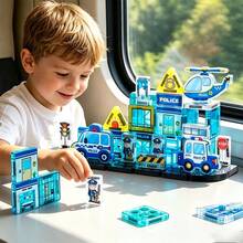 Mini Police Station Magnetic Tiles Building Blocks For Kids, 40PCS STEM City Police Toys Include Policeman,Vehicles,Prison - Multicolor - View 2