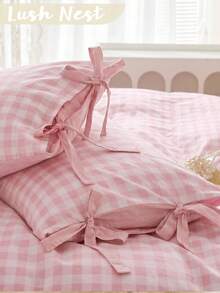 2/3pcs Fresh Pink Plaid Digital Print With BottomTie Design Cover Set(1 Duvet Cover + 1/2 Pillowcase, Without Filling Material), Versatile And Fun Style, Daily Rustic Fresh Polyester, Soft And Skin-Friendly, Suitable For Master Bedroom, Guest Bedroom - Multicolor - View 1