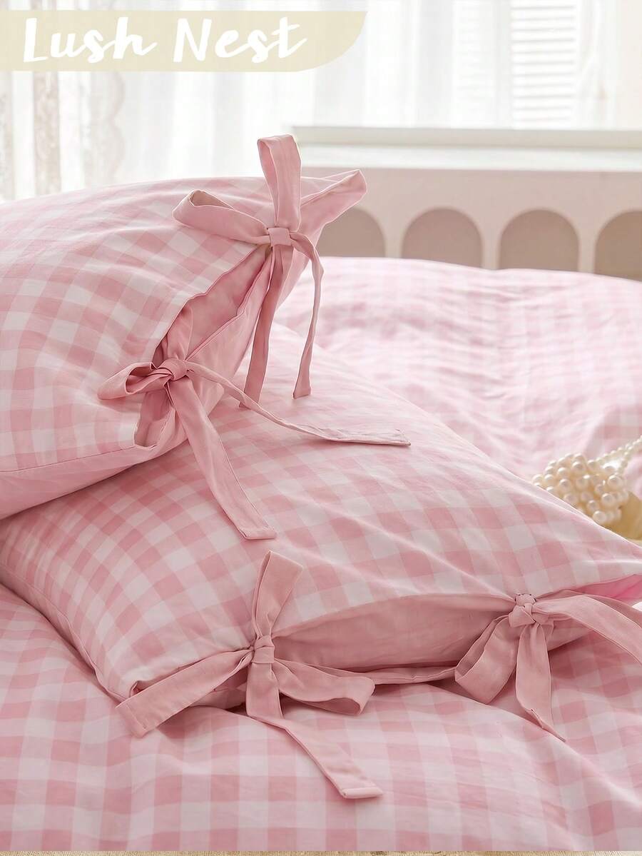 2/3pcs Fresh Pink Plaid Digital Print With BottomTie Design Cover Set(1 Duvet Cover + 1/2 Pillowcase, Without Filling Material), Versatile And Fun Style, Daily Rustic Fresh Polyester, Soft And Skin-Friendly, Suitable For Master Bedroom, Guest Bedroom - Multicolor - View 1