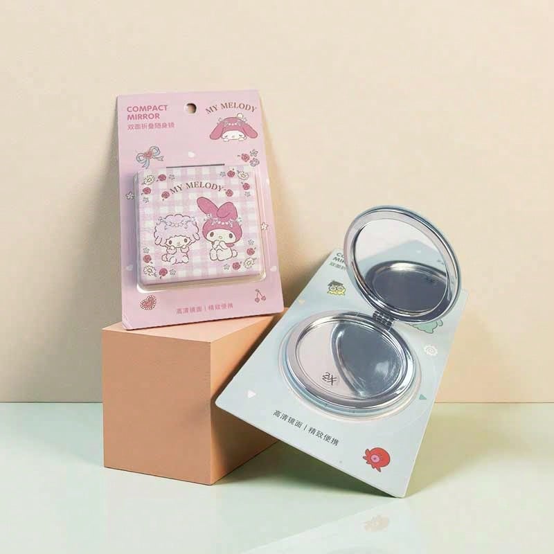 Miniso Series Double‑Sided Folding Compact Mirror, Square & Round Shapes For Option, Cute Cartoon Pocket Makeup Mirror, Portable Mini Hand Mirror For Handbag, Travel & Daily Makeup Touch‑Up‑1pc - Multicolor - View 1