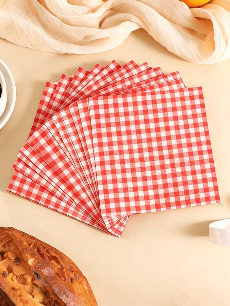 100pcs/40pcs/20pcs Disposable Red And White Gingham Paper Napkins, Suitable For Picnic, Wedding, Party, Cafe, Bakery And Table Decoration - Multicolor - View 1