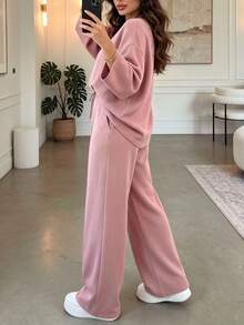 Women's Casual Pink 2 Pieces Loungewear Set, Long Sleeve Top With Drawstring Wide Leg Sweatpants, Comfortable Spring/Autumn Outfit - Pink - View 5