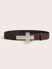 1pc Women's Silver Buckle Embossed Waist Belt Classic PU Fashion Accessory Versatile Leather Belt, Suitable For Commuting, Vacation, Casual Wear, Matching Dresses And Pants, Perfect For Daily Outfits, Dating, Parties - Coffee - View 3