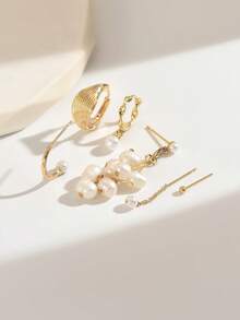 6pcs/Set 18K Gold Exquisite Old Money Style Pearl Dangle Earrings & Studs Set, Suitable For Parties, Holidays, Dates Or Weddings - Yellow Gold - View 3