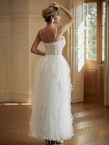 Elegant White Lace Tulle Dress, Suitable For Party, Ball, Wedding Guest, Bridesmaid And Christmas New Year - White - View 11